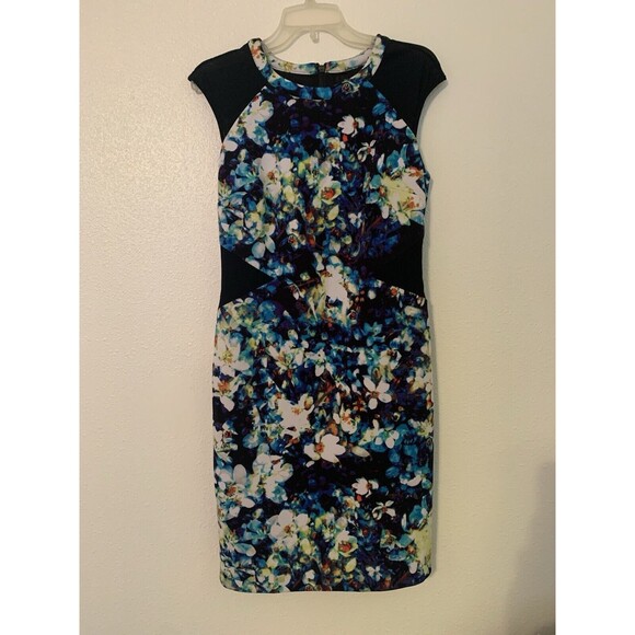 Worthington Blue Floral Cape Sleeve, Sheath Dress Women's SZ 4 - Picture 1 of 5